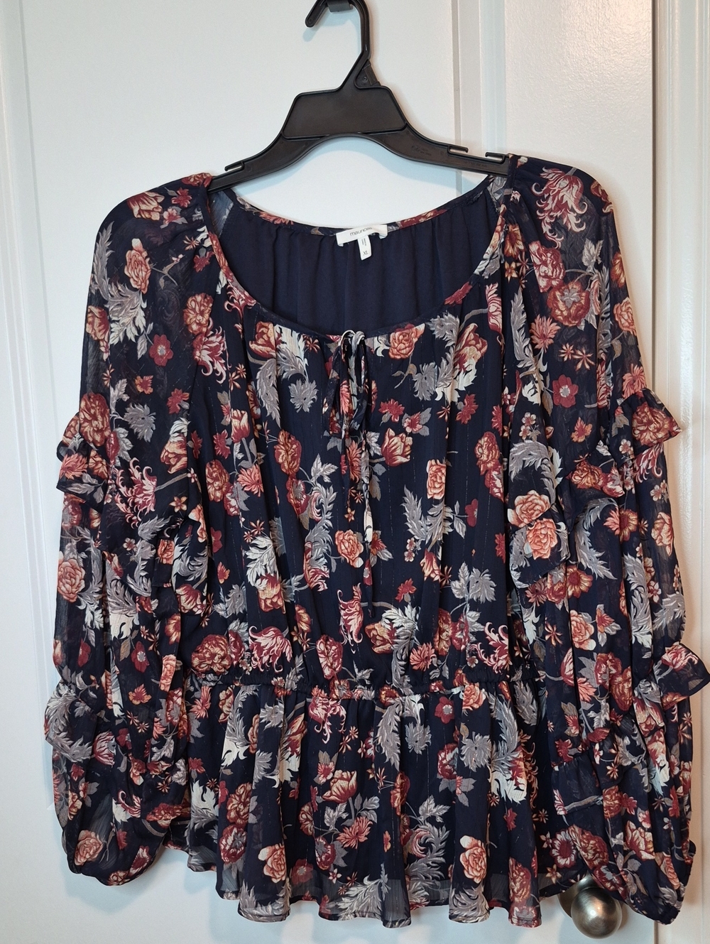 Maurices Navy Floral Peasant Blouse with Rose Print Size XL